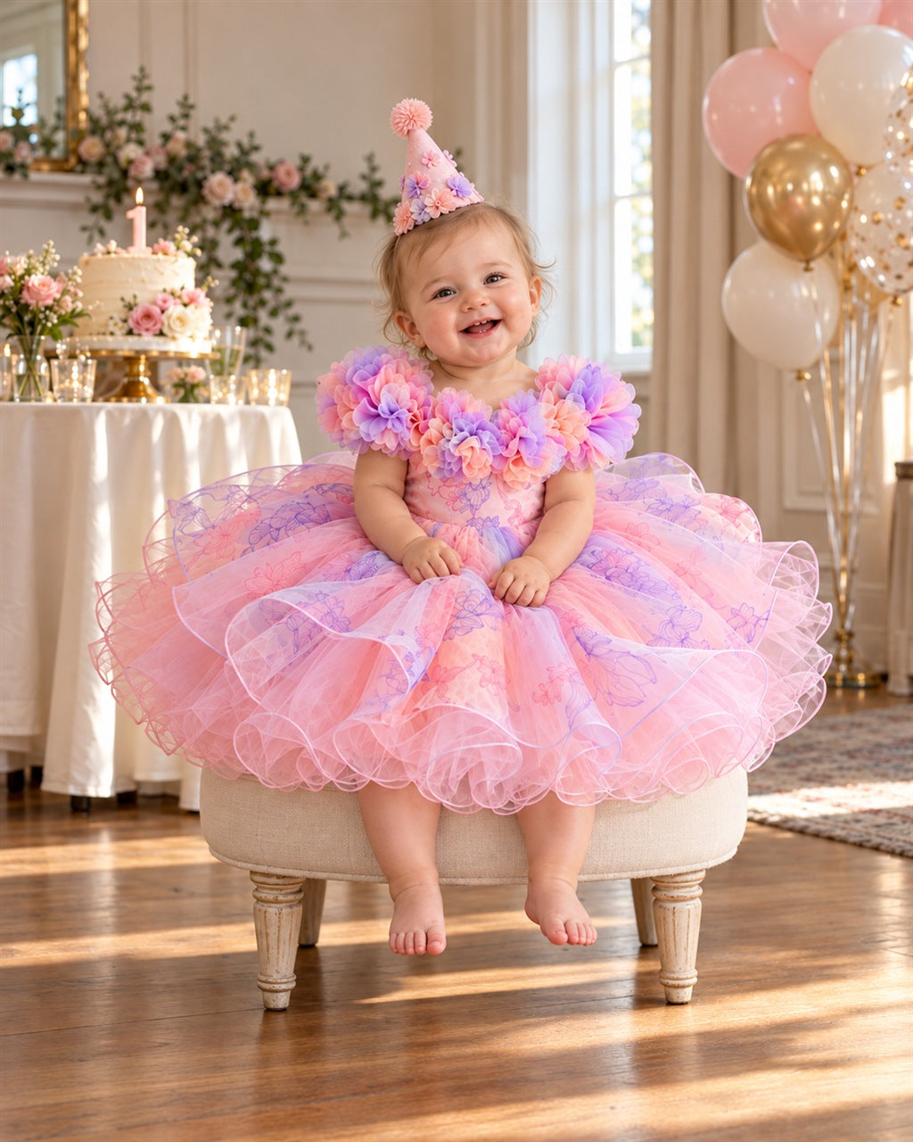 Little girl celebrating her birthday in a La Petite Miss princess dress