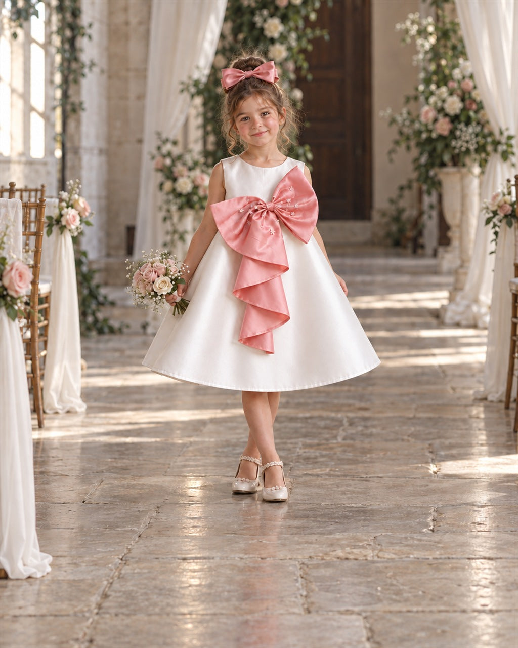 Little girl in the Duchess Dress by La Petite Miss at a wedding, ivory satin dress with pink bow