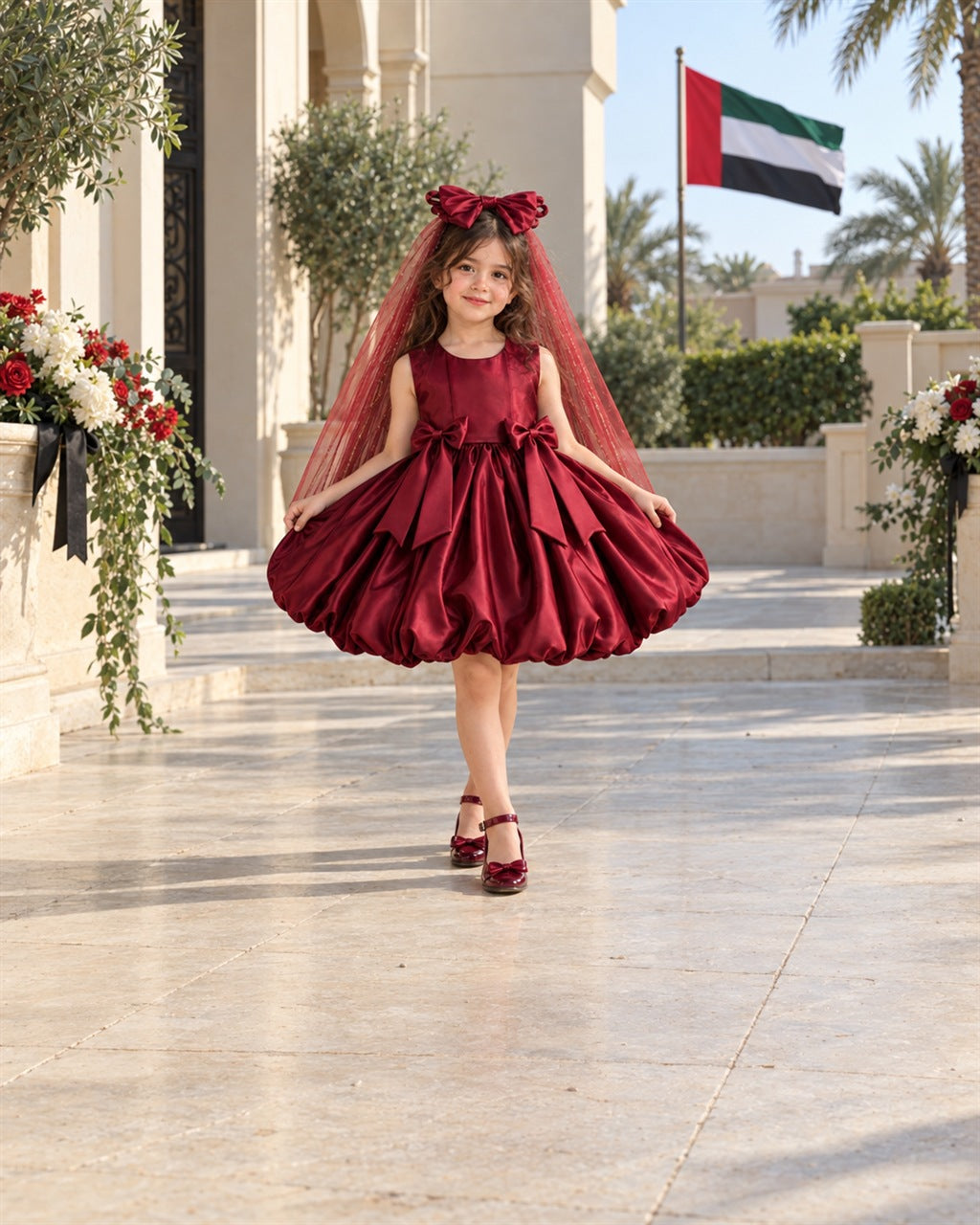 Little girl in the Empress Dress by La Petite Miss for UAE National Day, burgundy satin dress