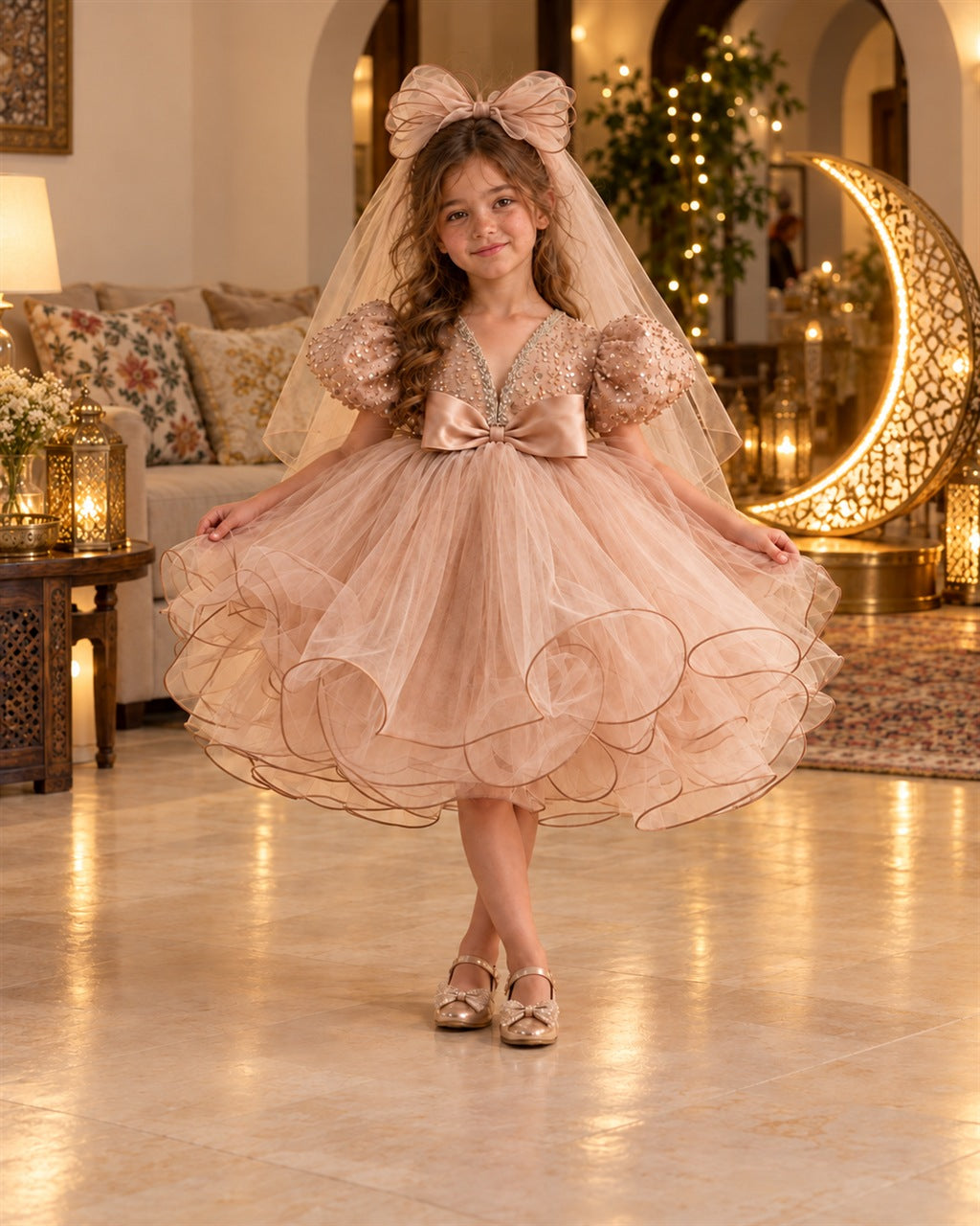 Little girl in the Majesty Dress by La Petite Miss for Eid, champagne pink sequin and tulle dress