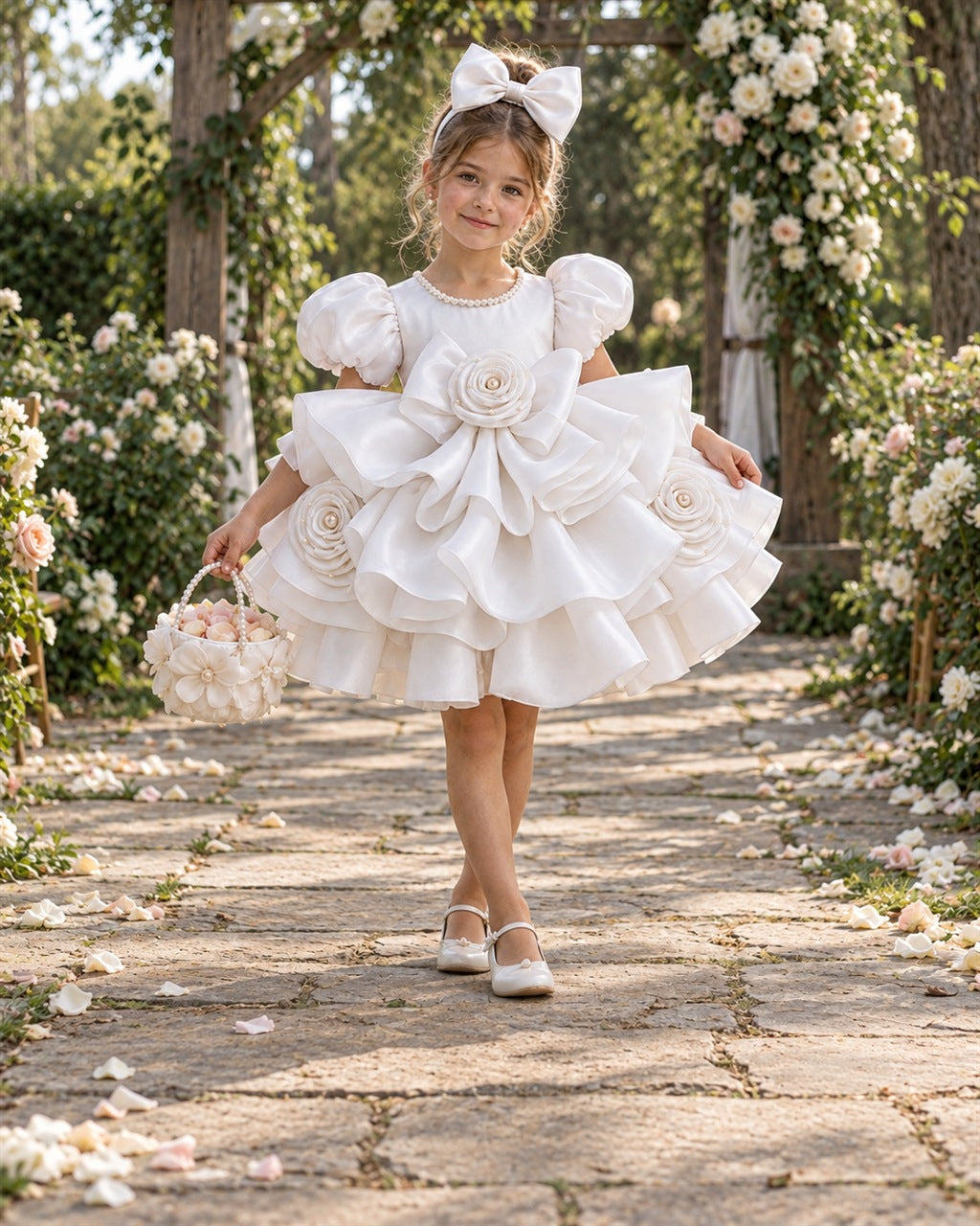 Flower girl in the Queen Dress by La Petite Miss, white dress with sculpted roses