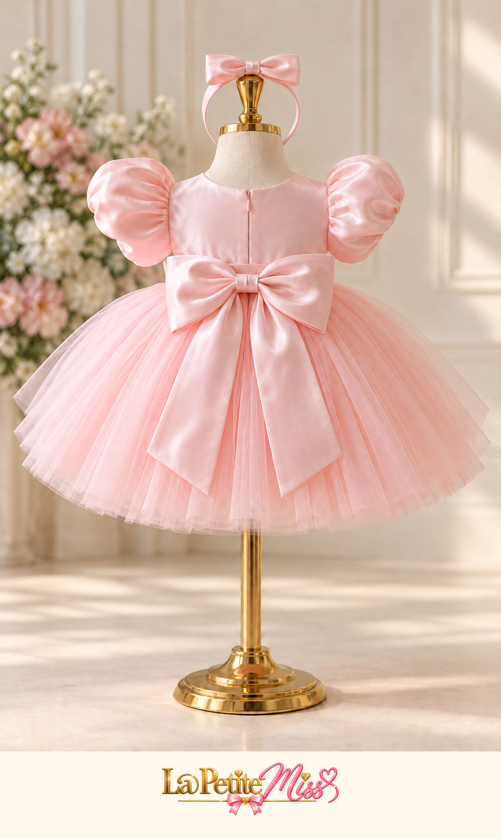 Baroness Dress by La Petite Miss, back view of the pink tulle girls party dress with satin bow