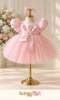 Baroness Dress by La Petite Miss, pink tulle girls party dress with large satin bow, front view