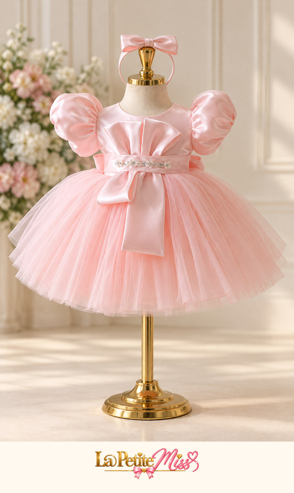 Baroness Dress by La Petite Miss, pink tulle girls party dress with large satin bow, front view