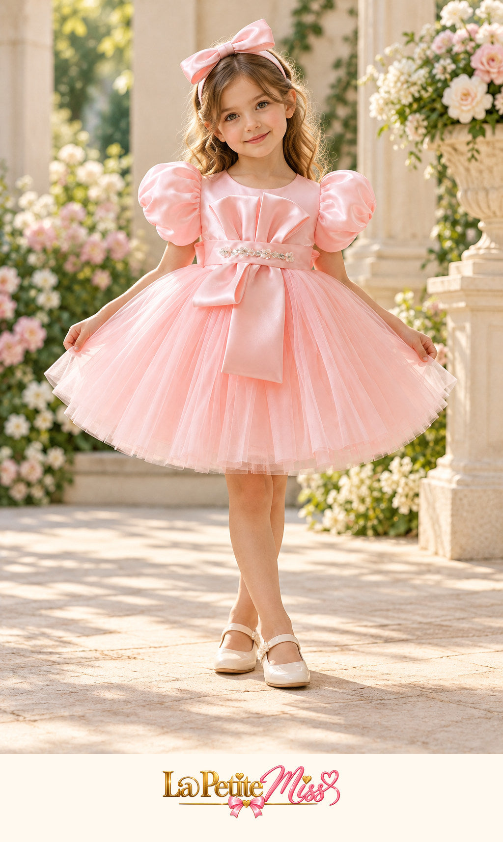 Little girl wearing the Baroness Dress by La Petite Miss, pink tulle party dress
