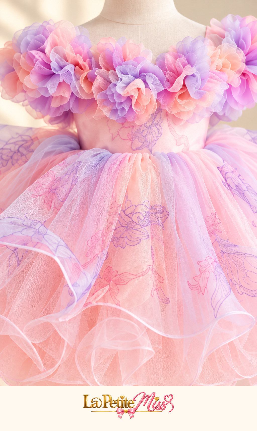 Countess Dress by La Petite Miss, close-up of the pastel flowers and petal tulle