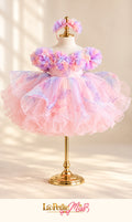 Countess Dress by La Petite Miss, pastel pink girls party dress with flowers on the shoulders, front view