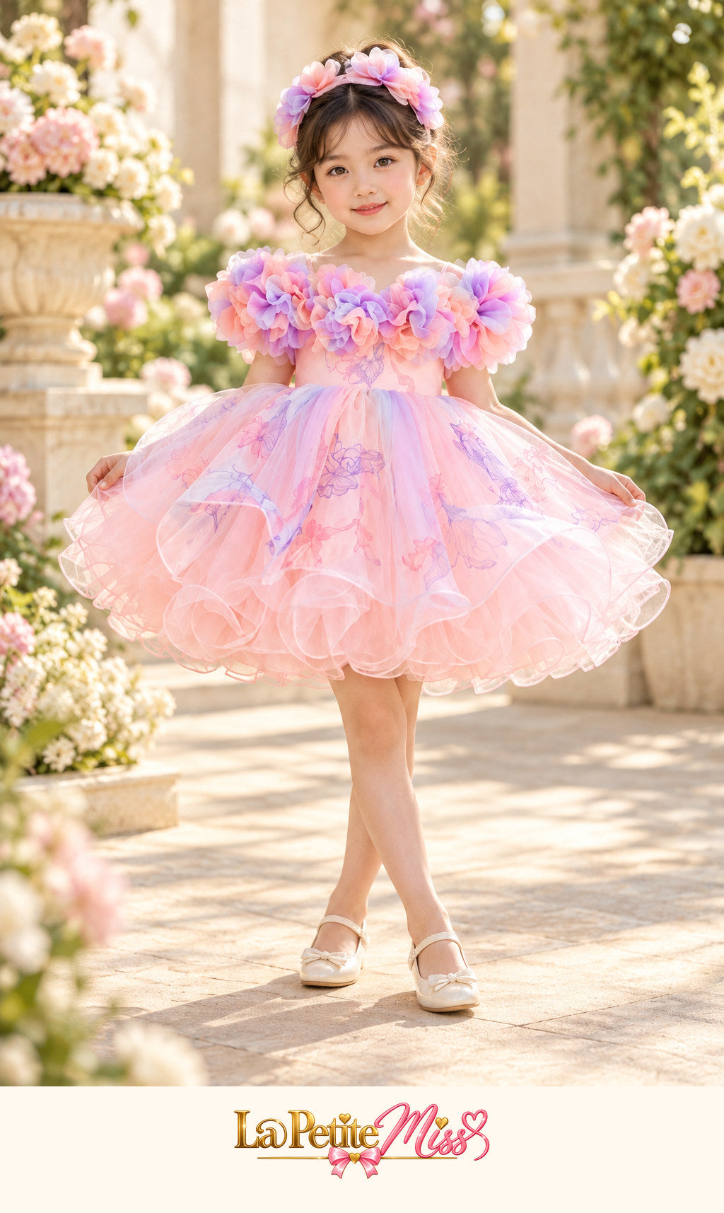 Little girl wearing the Countess Dress by La Petite Miss, pastel pink birthday dress