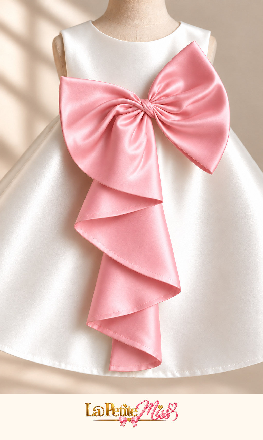 Duchess Dress by La Petite Miss, close-up of the large pink satin bow on ivory satin