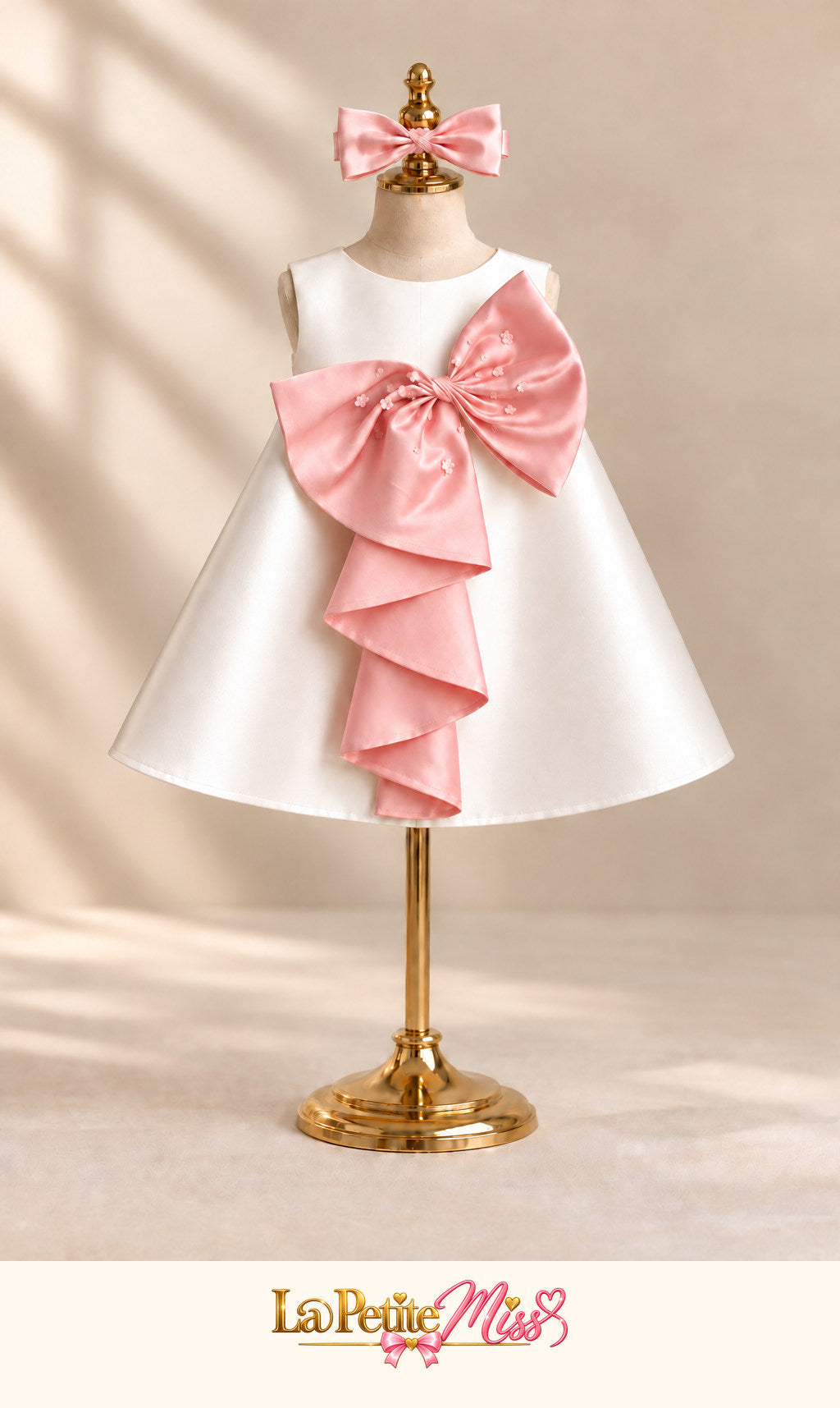 Duchess Dress by La Petite Miss, ivory satin girls ceremony dress with large pink bow, front view