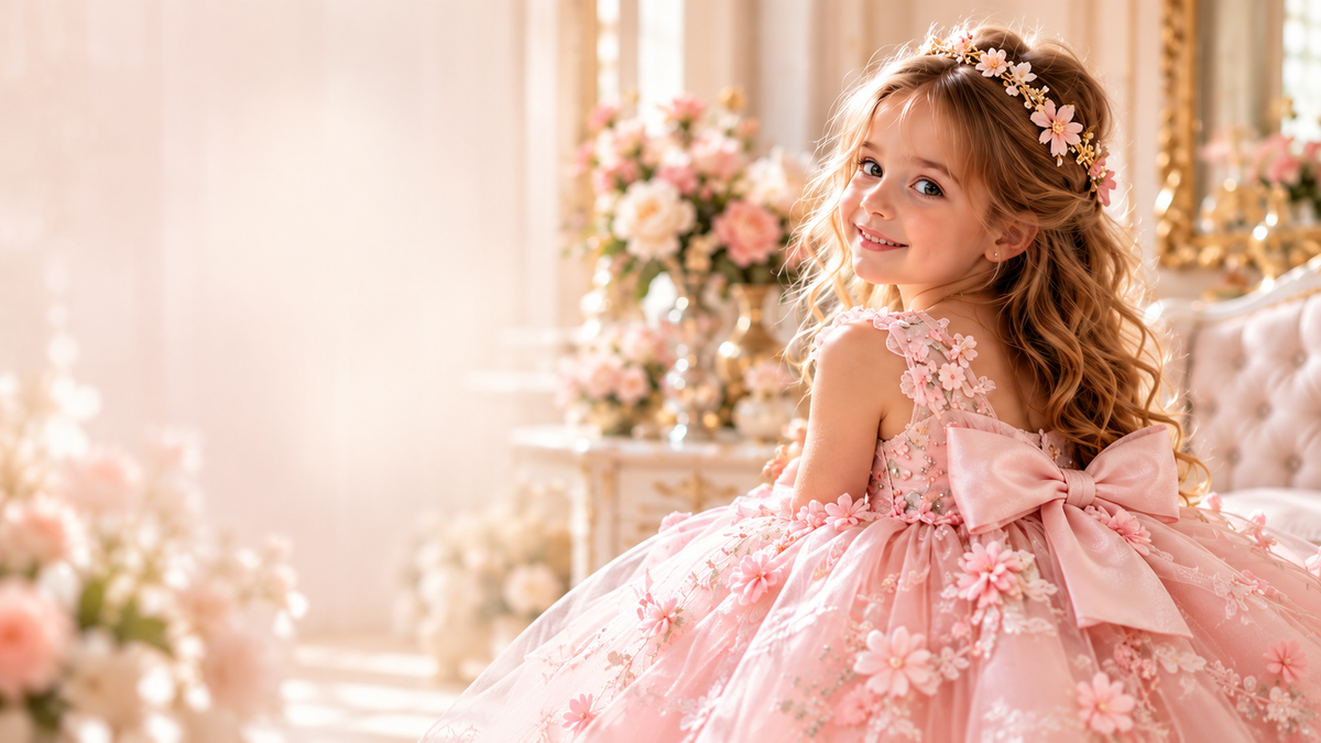 Little girl in a pink La Petite Miss princess dress with full tulle skirt, surrounded by flowers