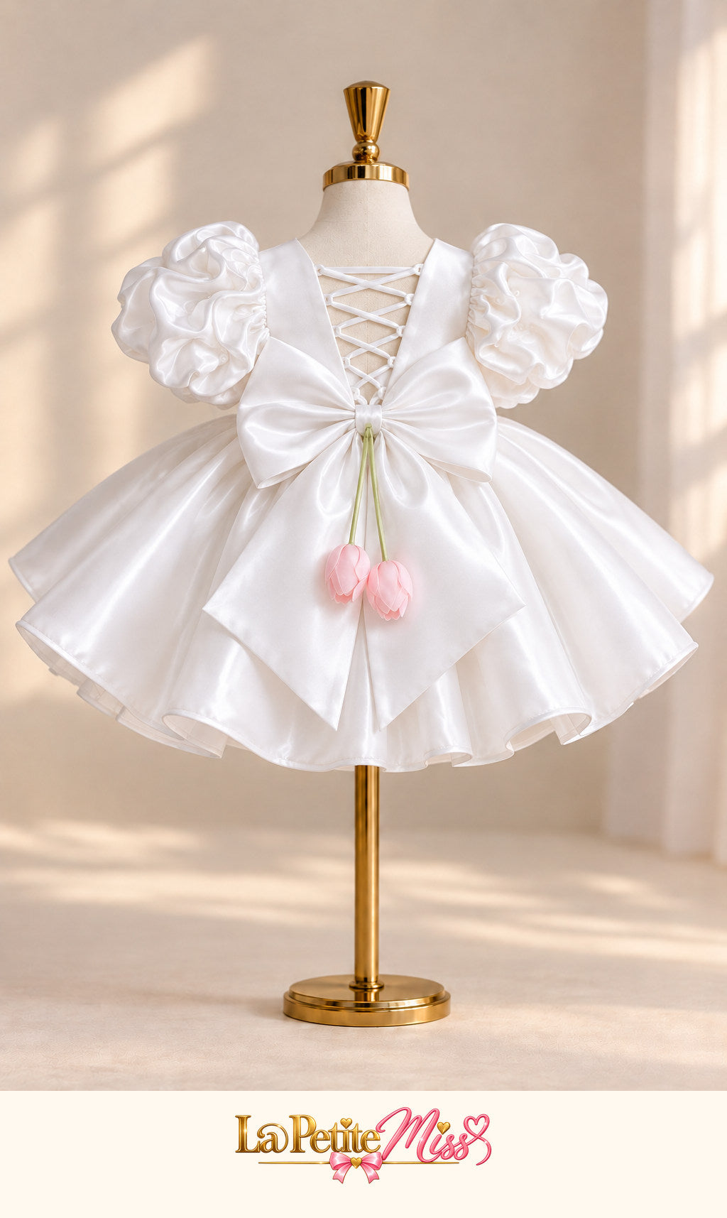 Grace Dress by La Petite Miss, back view of the white girls dress with puff sleeves