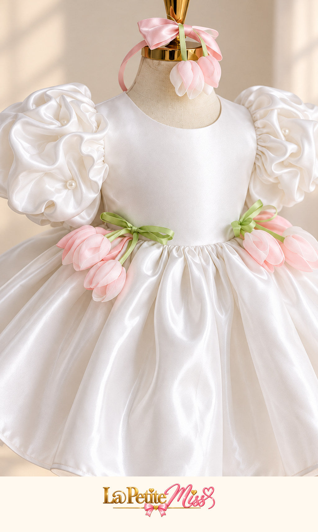 Grace Dress by La Petite Miss, close-up of the pink tulip flowers and puff sleeves