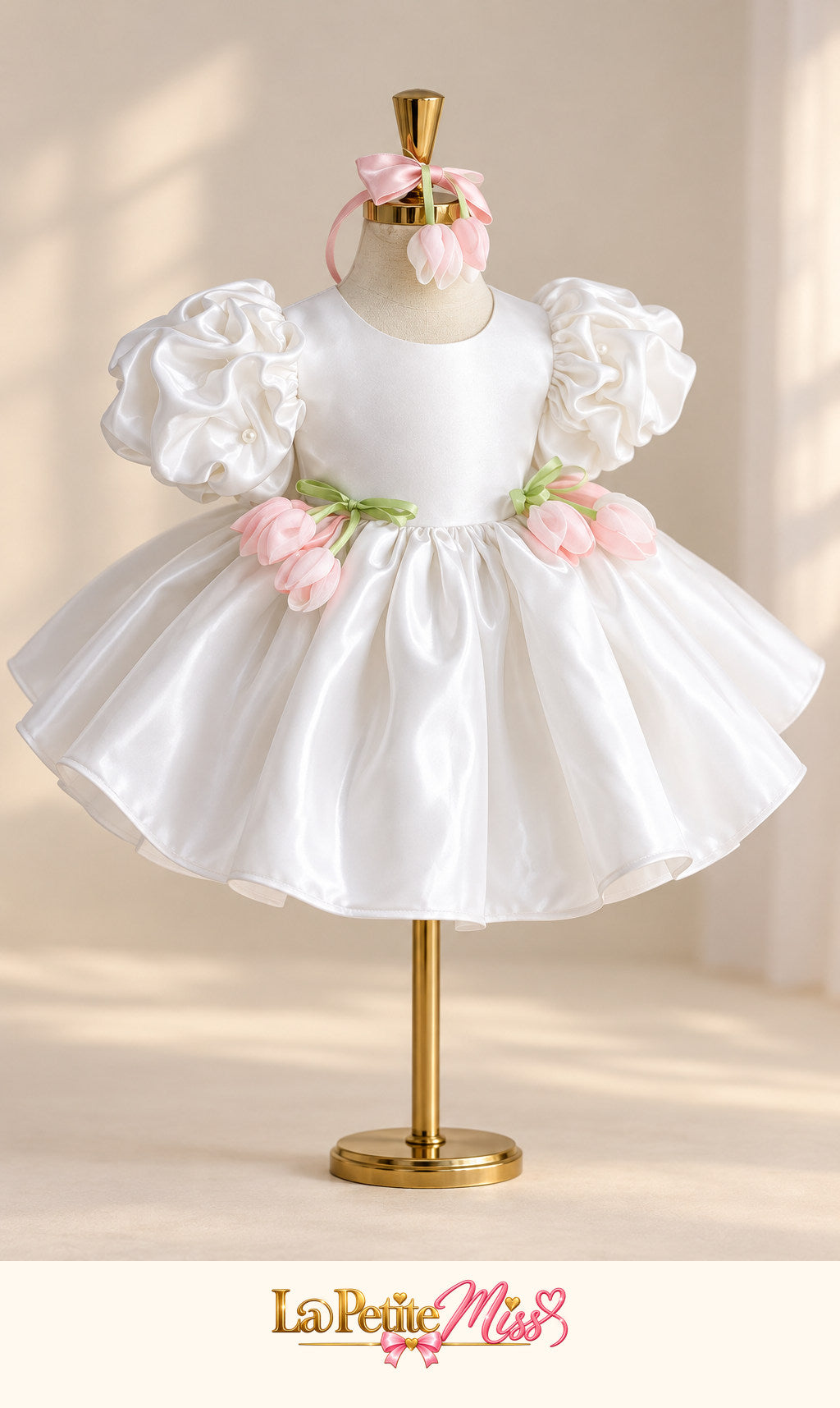 Grace Dress by La Petite Miss, white girls dress with pink tulip flowers and puff sleeves, front view