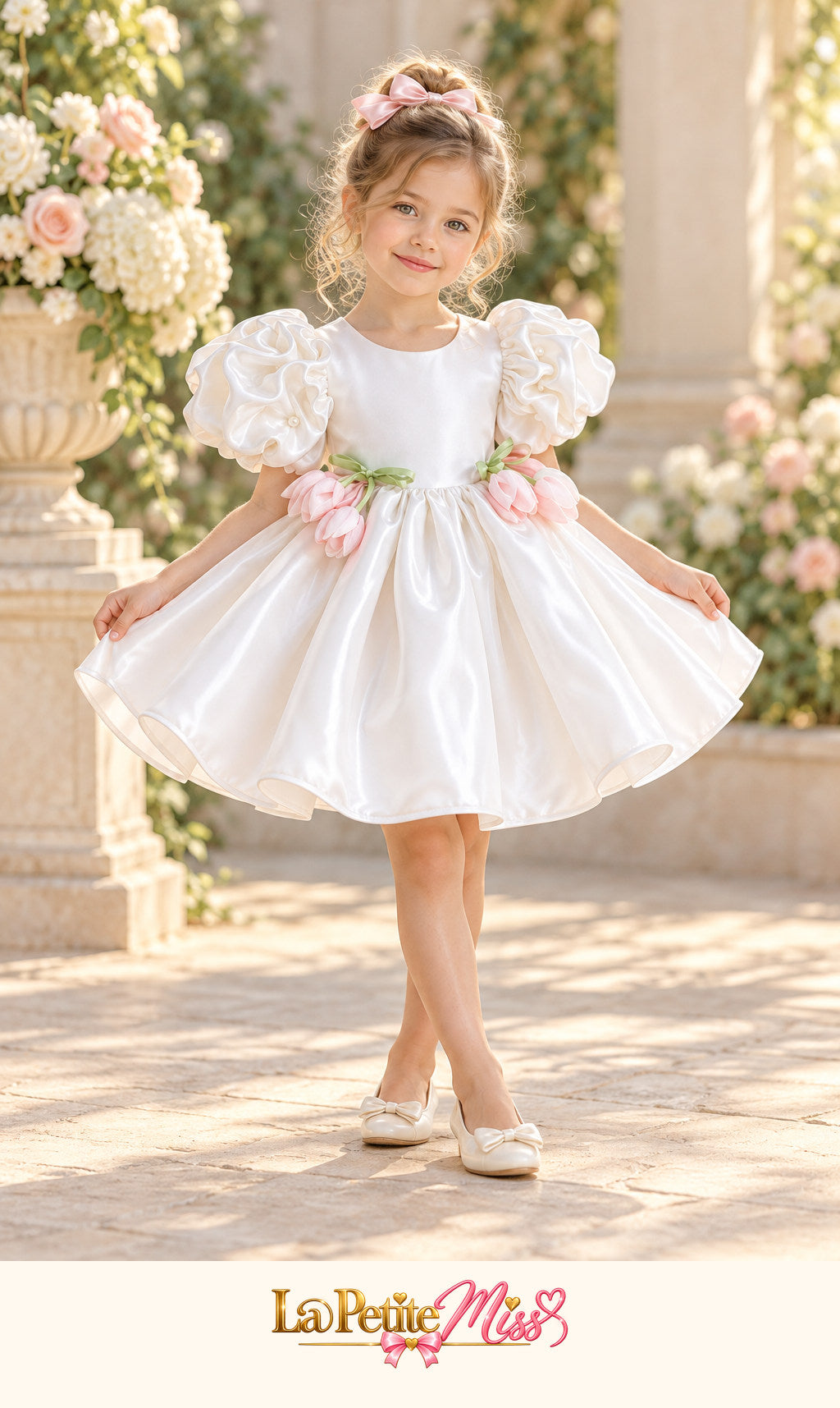 Little girl wearing the Grace Dress by La Petite Miss, white flower girl dress with pink tulips
