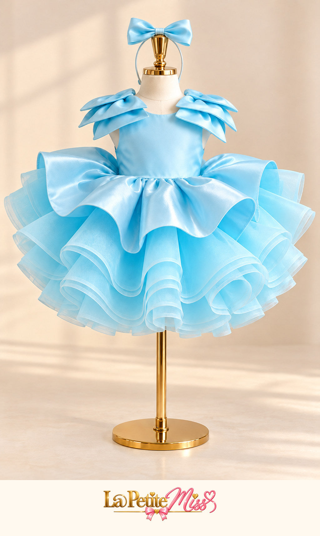 Highness Dress by La Petite Miss, sky blue girls princess dress with layered ruffles, front view