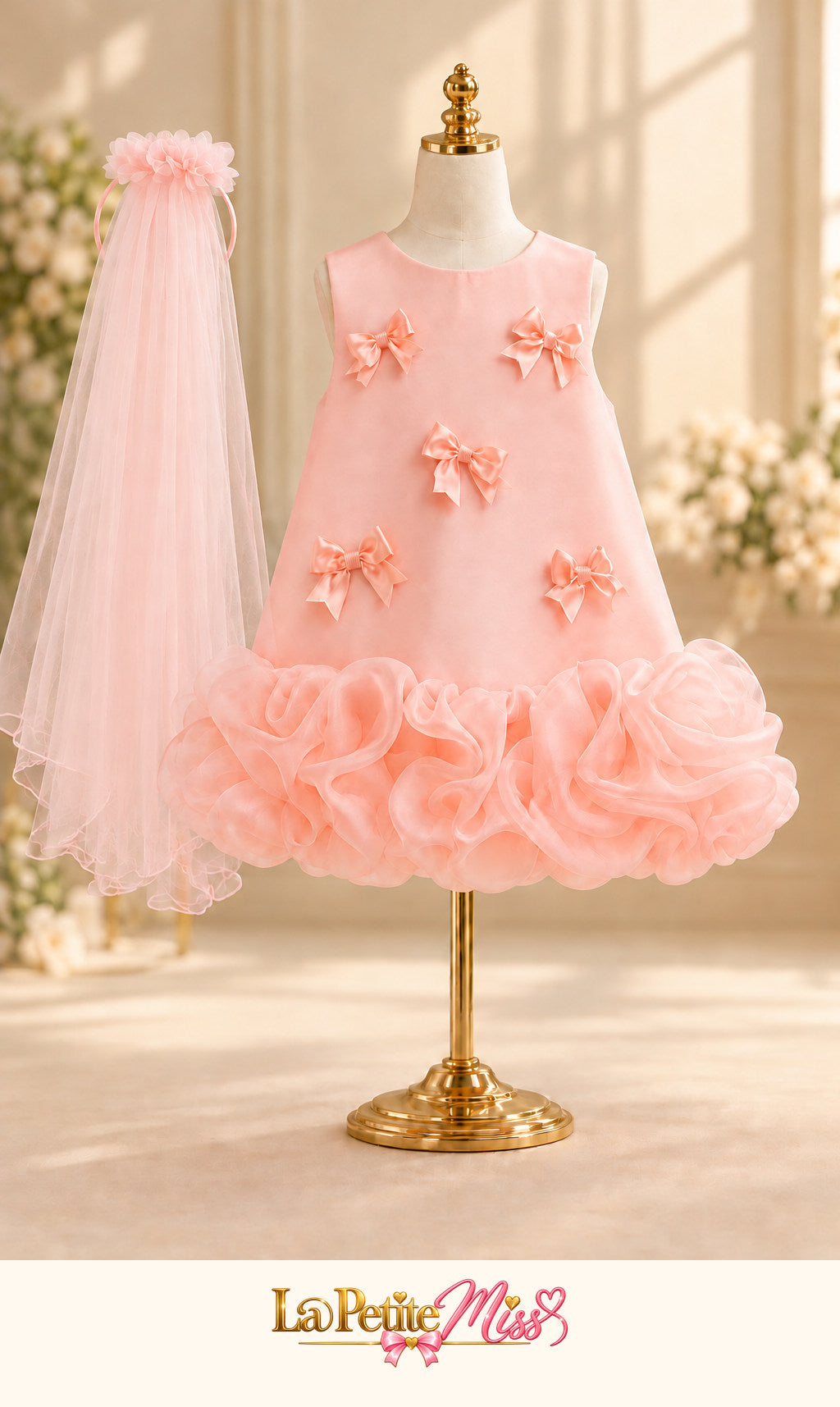 Lady Dress by La Petite Miss, pink girls dress with small bows and ruffled hem, front view