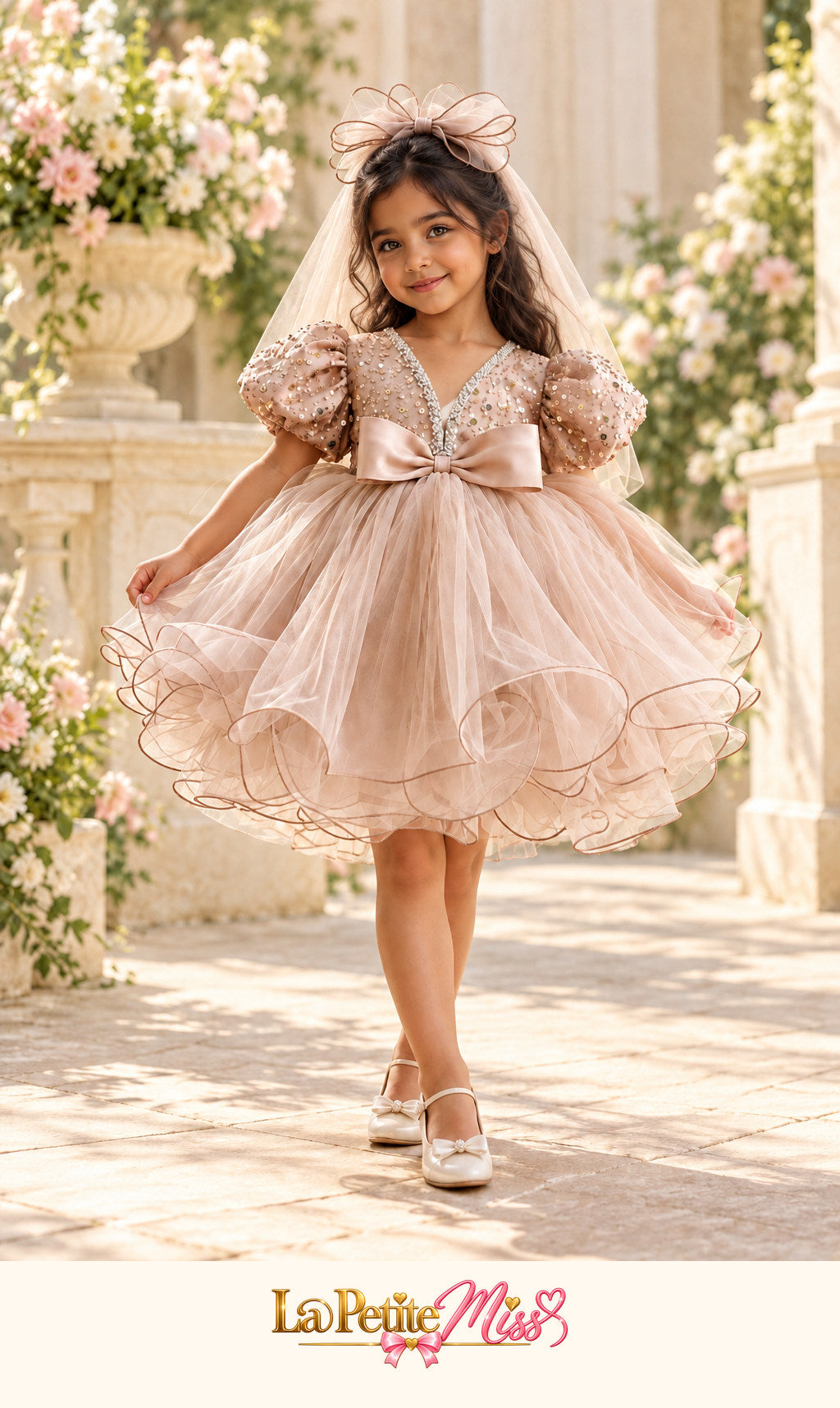 Little girl wearing the Majesty Dress by La Petite Miss, champagne pink princess dress