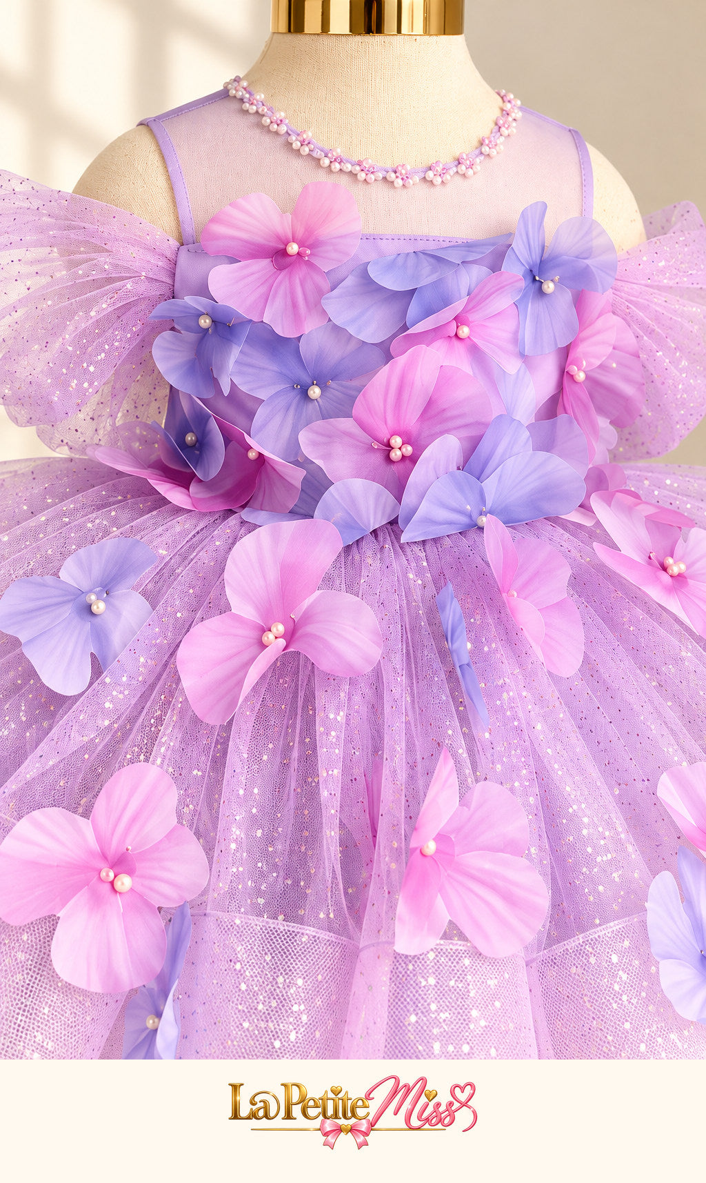 Marquise Dress by La Petite Miss, close-up of the lilac and purple flowers on lavender tulle