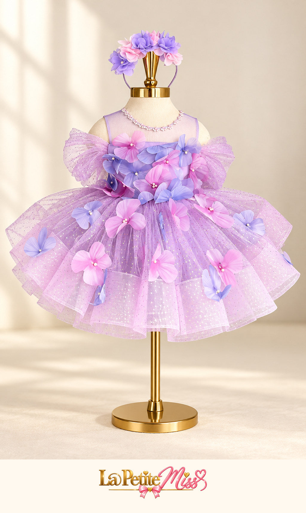 Marquise Dress by La Petite Miss, lavender girls princess dress with lilac and purple flowers, front view