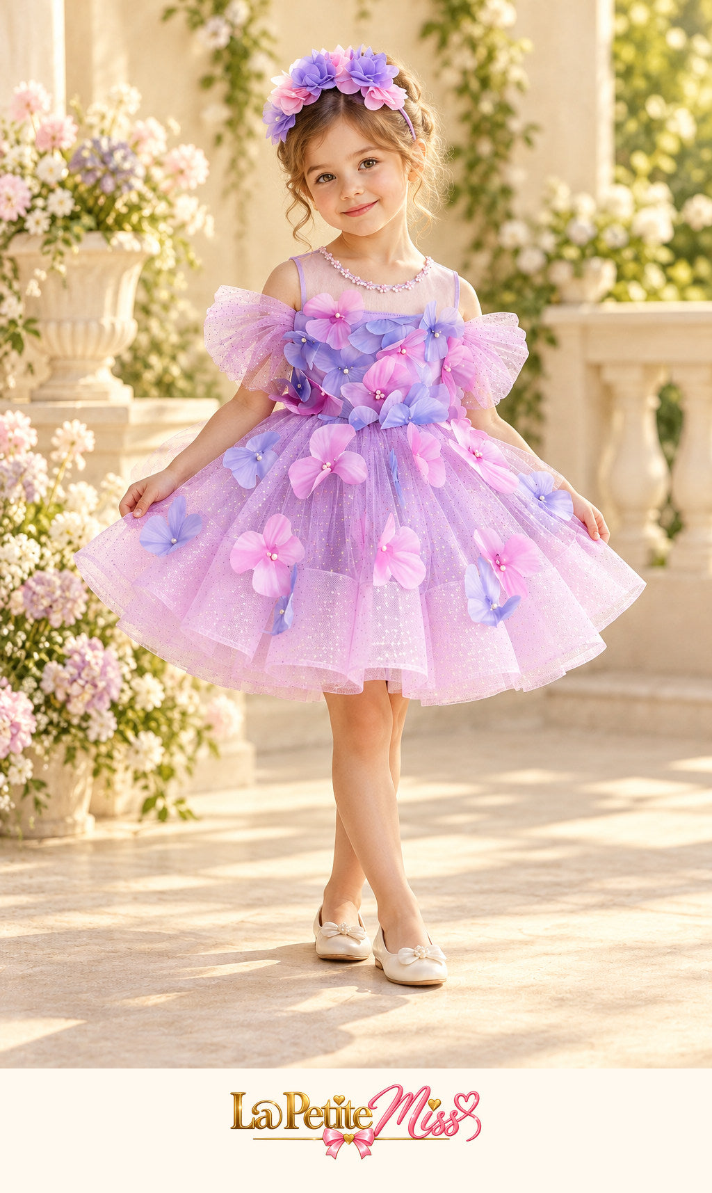 Little girl wearing the Marquise Dress by La Petite Miss, lavender princess dress