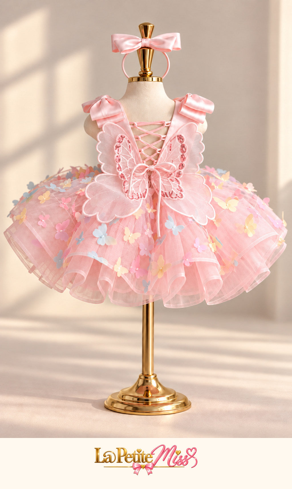 Princess Dress by La Petite Miss, back view of the pink satin girls dress with lace-up back