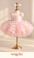 Princess Dress by La Petite Miss, pink satin girls dress with floral ruffled tulle skirt, front view
