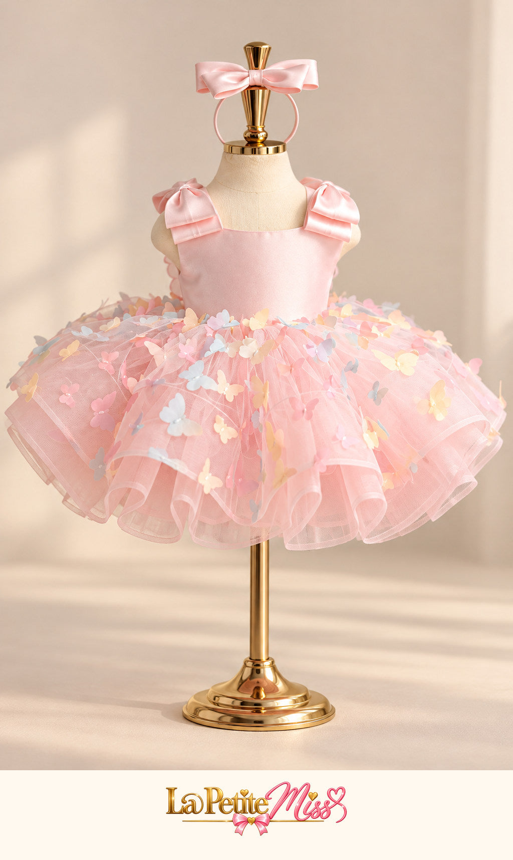 Princess Dress by La Petite Miss, pink satin girls dress with floral ruffled tulle skirt, front view