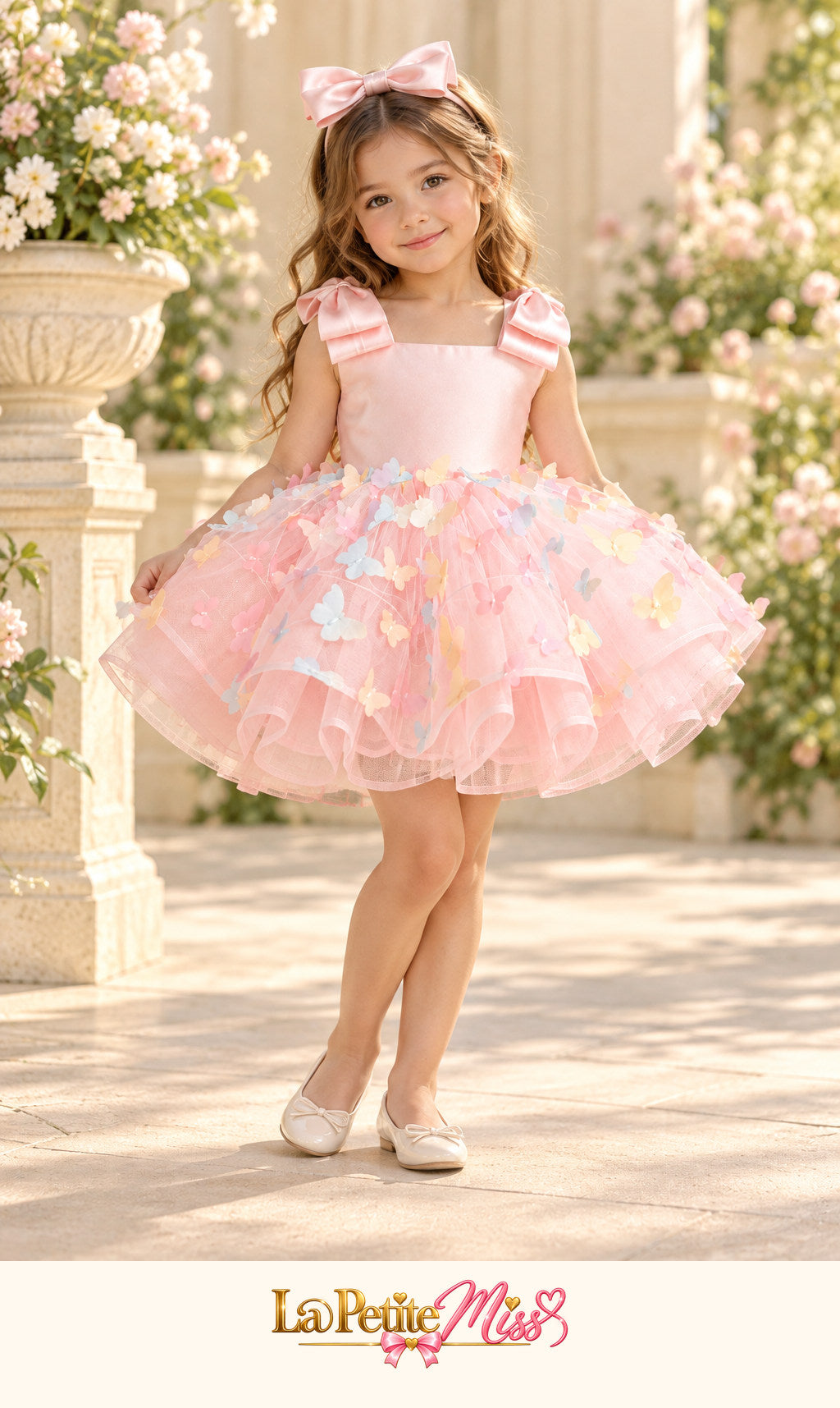 Little girl wearing the Princess Dress by La Petite Miss, pink party dress