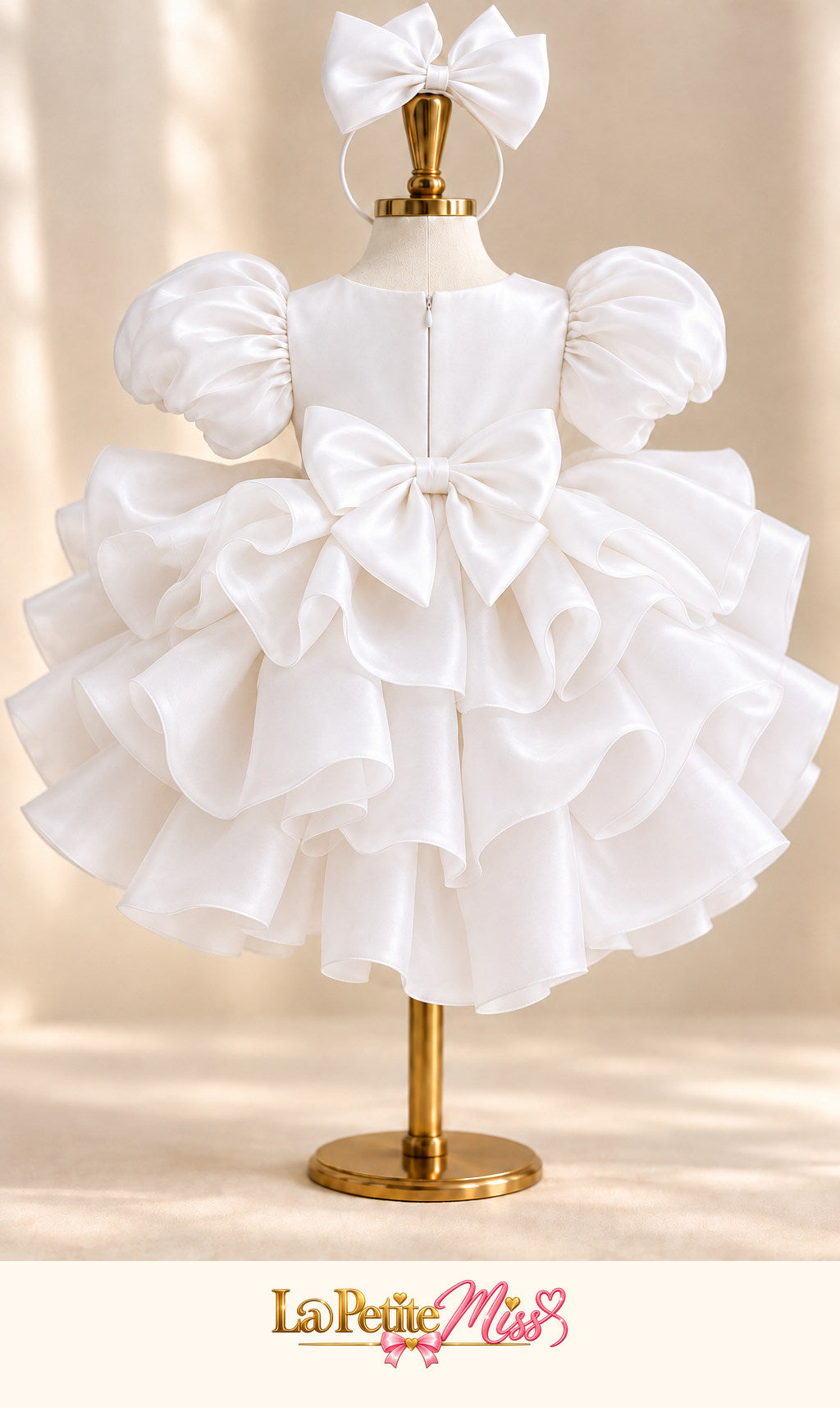 Queen Dress by La Petite Miss, back view of the white girls princess dress with bow