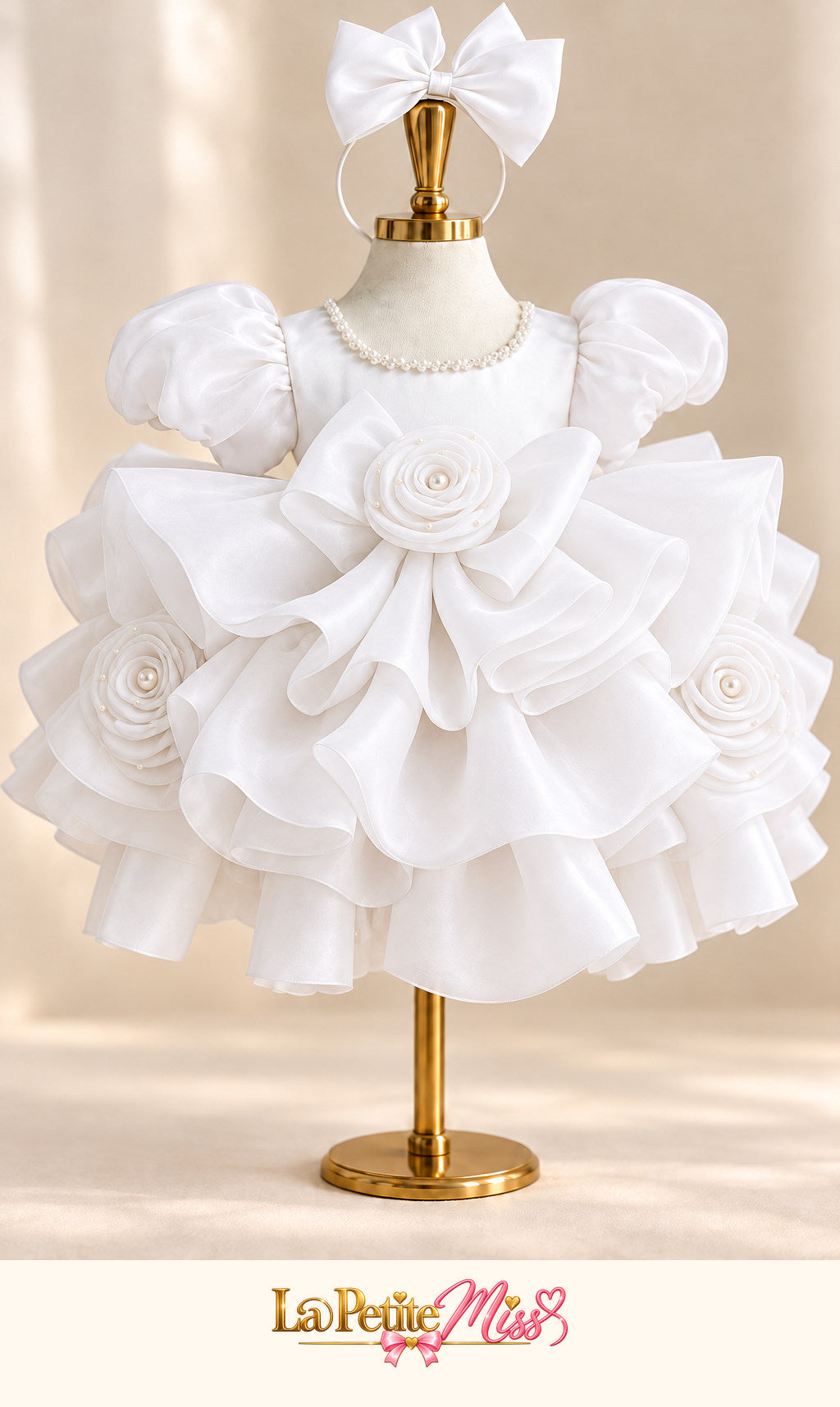Queen Dress by La Petite Miss, white girls princess dress with large sculpted roses, front view