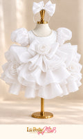 Queen Dress by La Petite Miss, white girls princess dress with large sculpted roses, front view