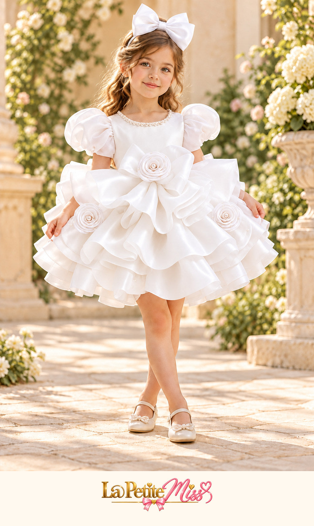 Little girl wearing the Queen Dress by La Petite Miss, white flower girl dress with roses